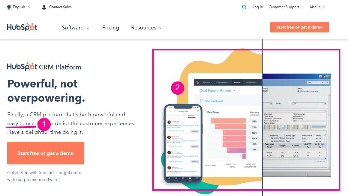 a screenshot of HubSpot's landing page built in a blog post on landing page optimization by Paperflite